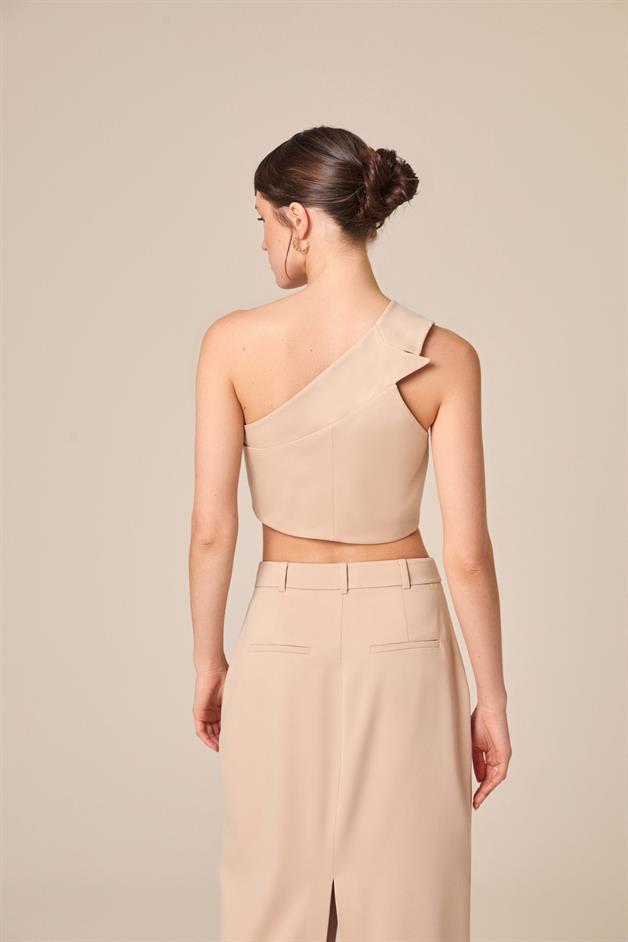 Tek Omuzlu Bej Crop Top