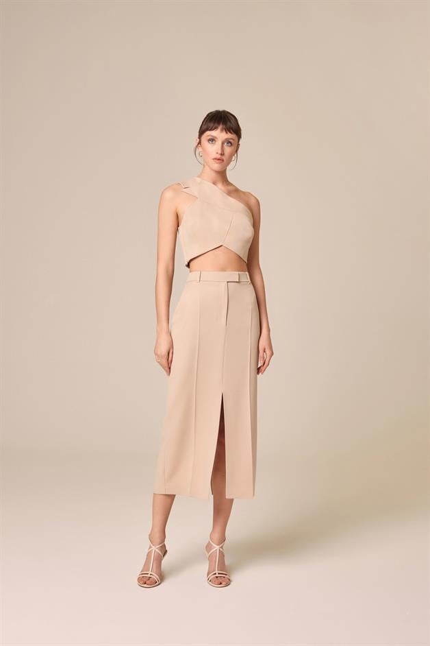 Tek Omuzlu Bej Crop Top