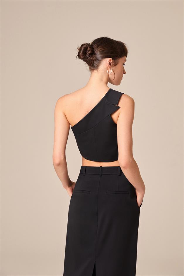Tek Omuzlu Siyah Crop Top