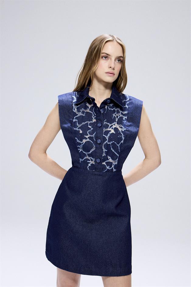 Transparent Detail Denim Navy Mini Dress