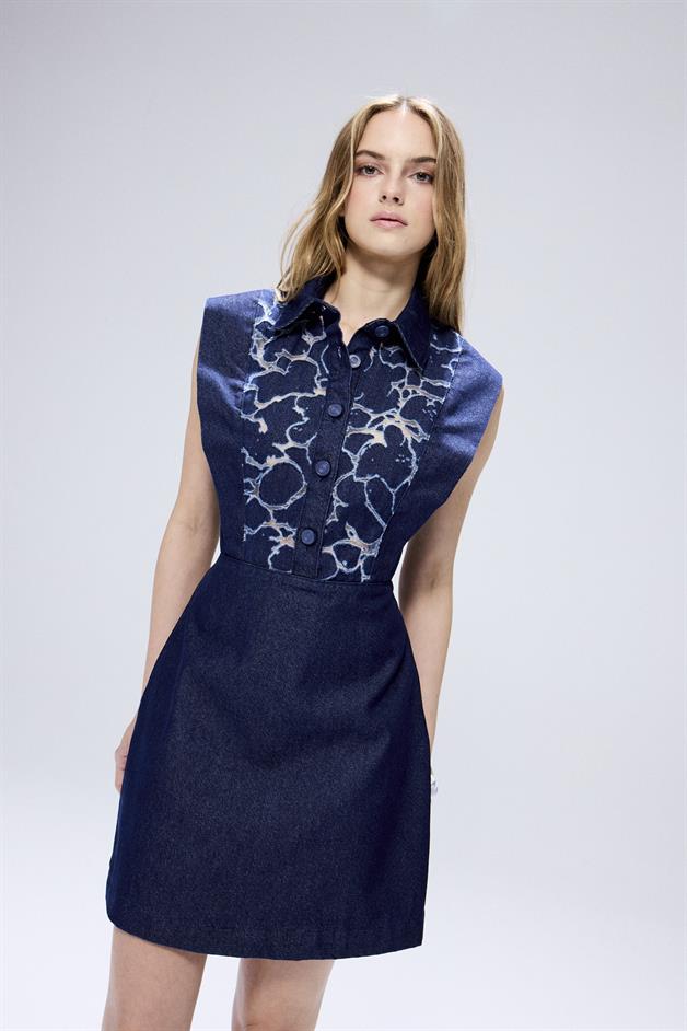 Transparent Detail Denim Navy Mini Dress
