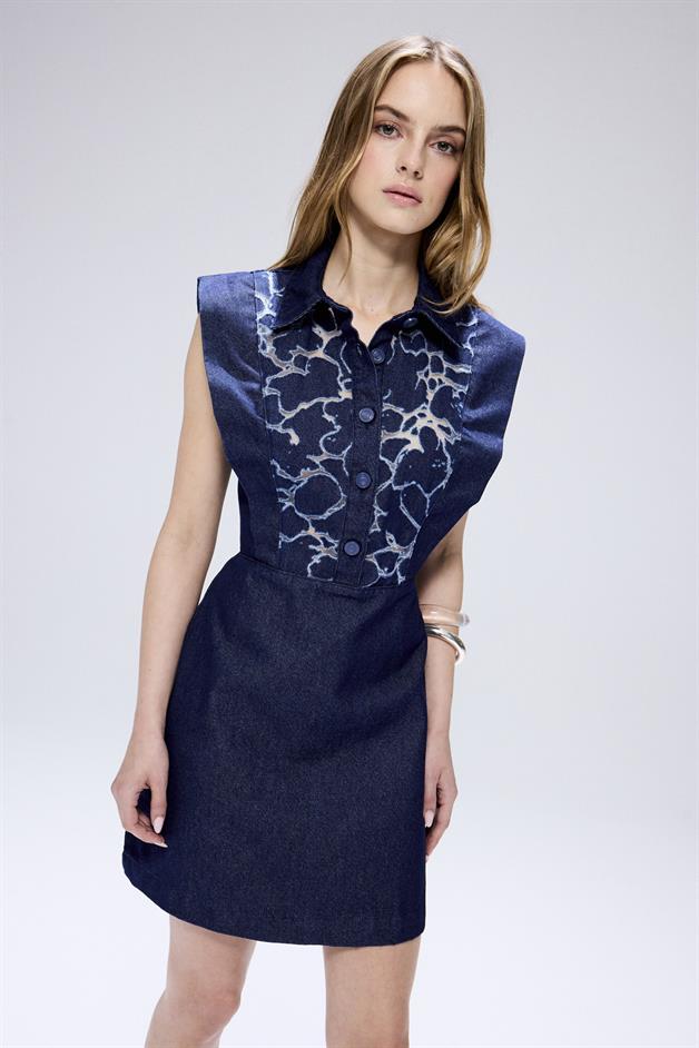 Transparent Detail Denim Navy Mini Dress