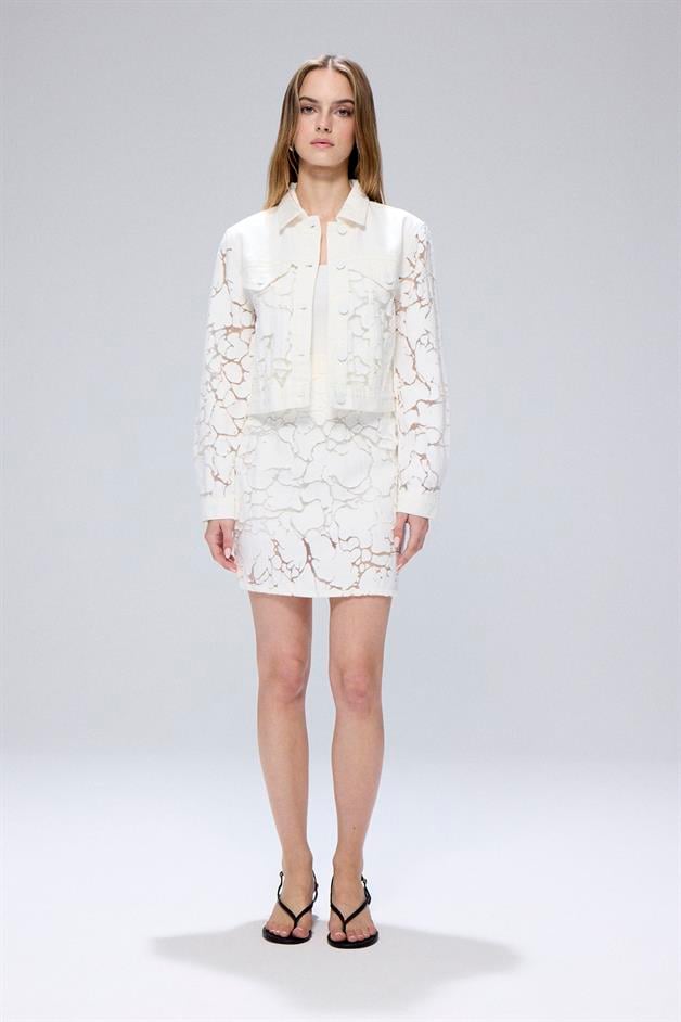 Transparent Detail Ecru Denim Crop Jacket