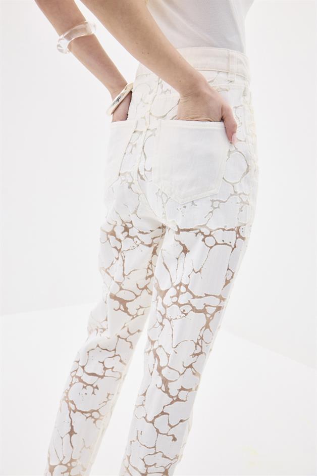 Transparent Detail Ecru Denim Pants