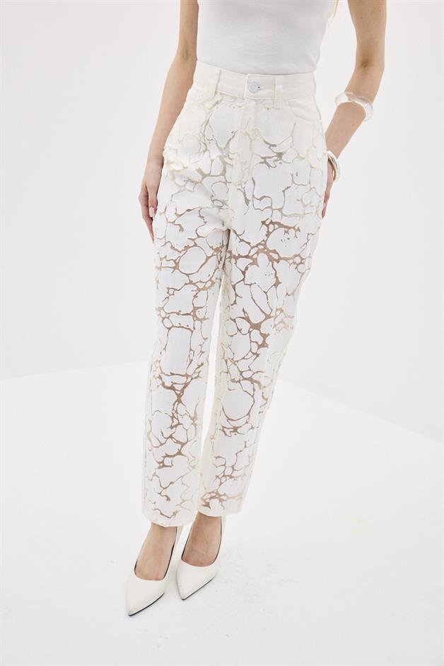 Transparent Detail Ecru Denim Pants
