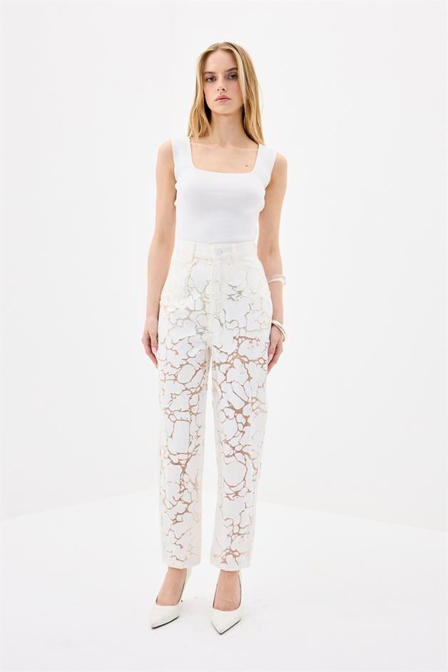 Transparent Detail Ecru Denim Pants