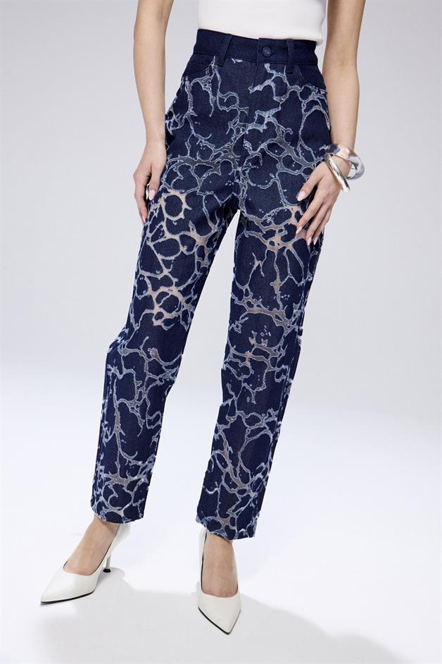 Transparent Detail Blue Denim Pants
