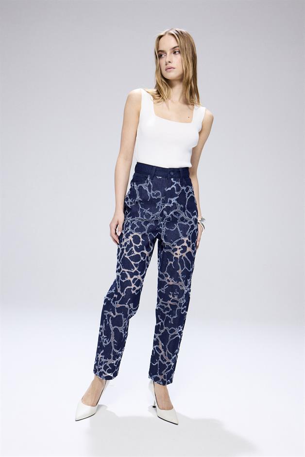Transparent Detail Blue Denim Pants