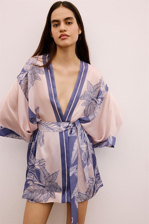 Tropical Patterned Belted Purple Kimono