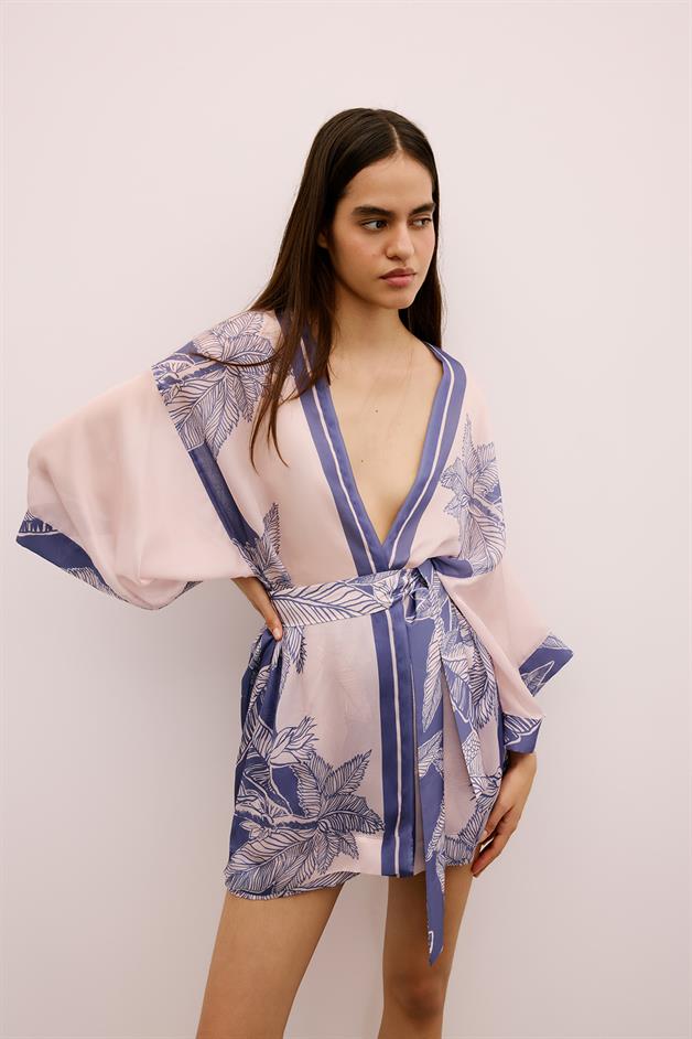 Tropical Patterned Belted Purple Kimono