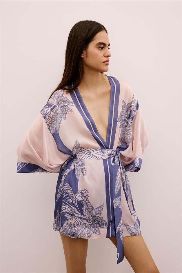 Tropical Patterned Belted Purple Kimono