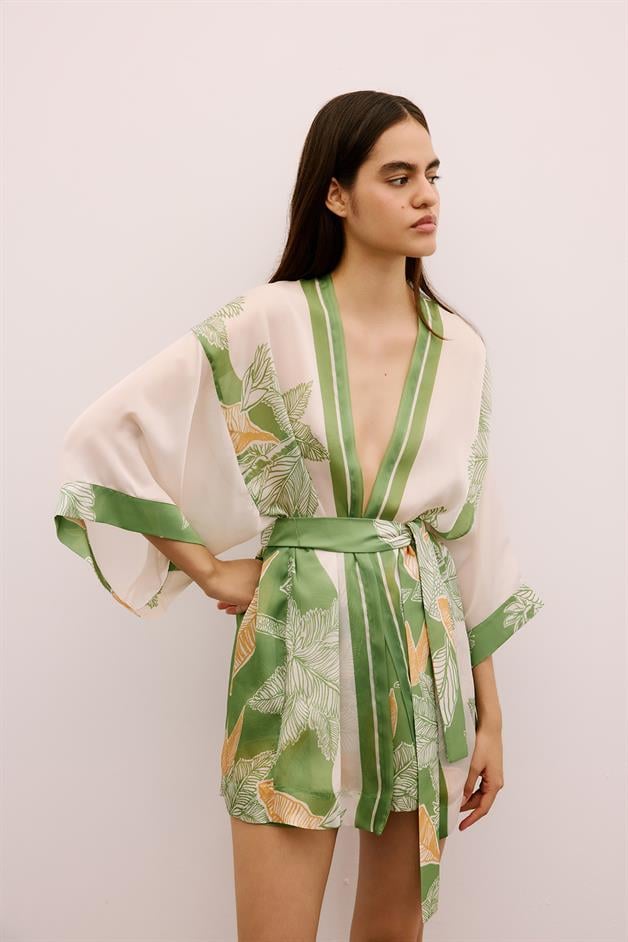Tropical Patterned Belted Green Kimono