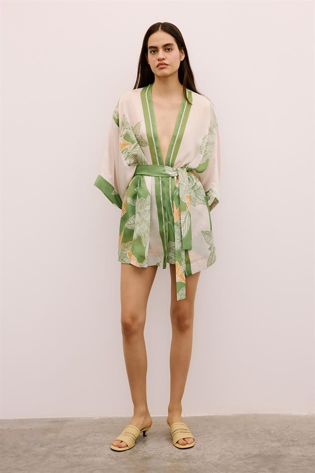 Tropical Patterned Belted Green Kimono