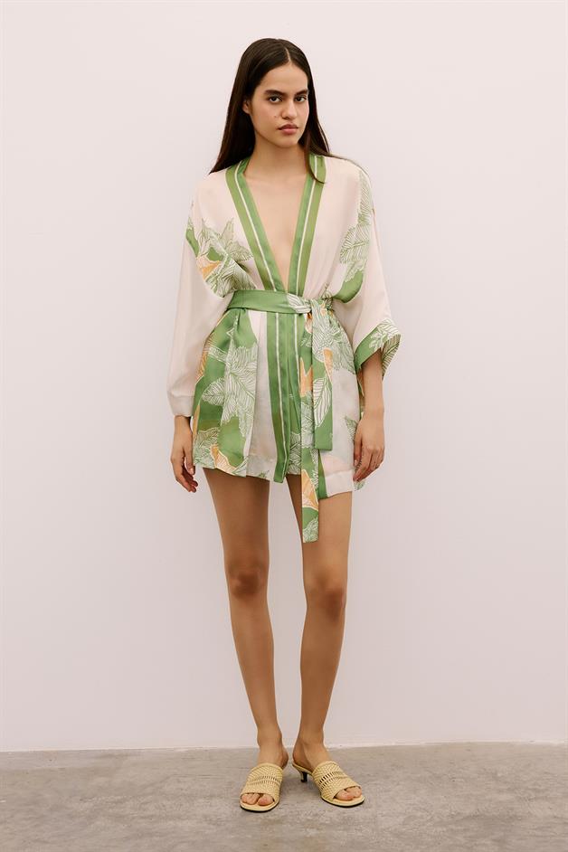 Tropical Patterned Belted Green Kimono