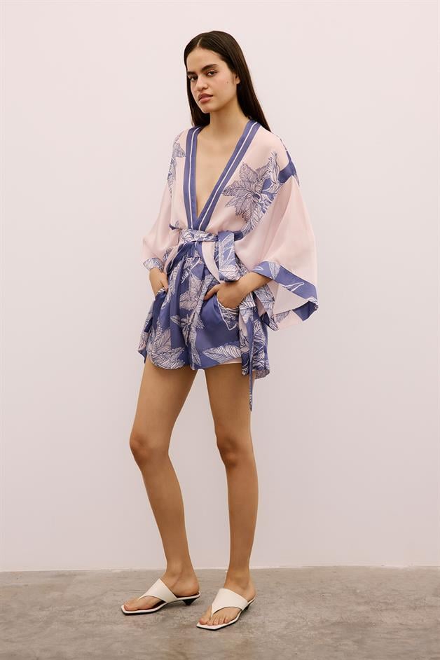Tropical Patterned Elastic Waist Purple Mini Shorts