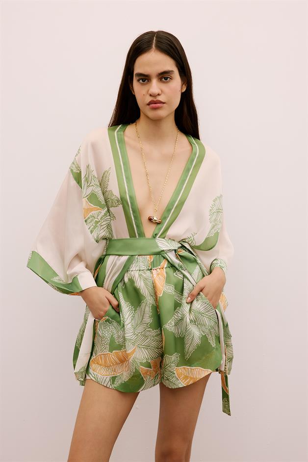 Tropical Patterned Elastic Waist Green Mini Shorts