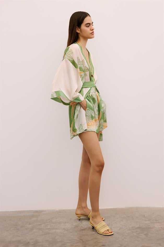 Tropical Patterned Elastic Waist Green Mini Shorts