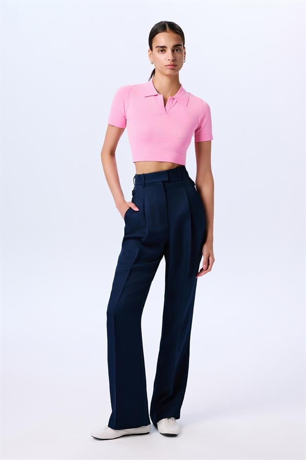 Creased Detail Navy Pleated Trousers  