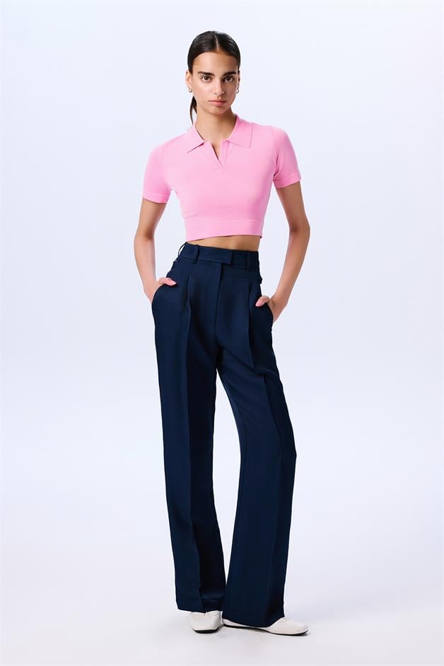 Creased Detail Navy Pleated Trousers  