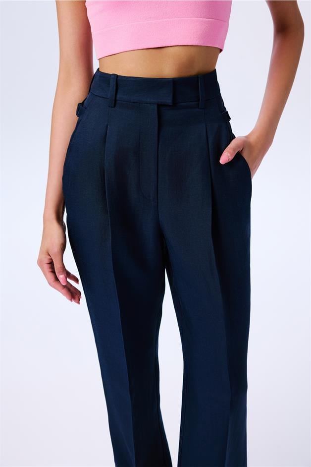 Creased Detail Navy Pleated Trousers  