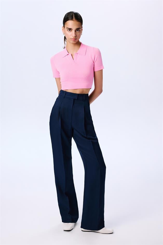 Creased Detail Navy Pleated Trousers  