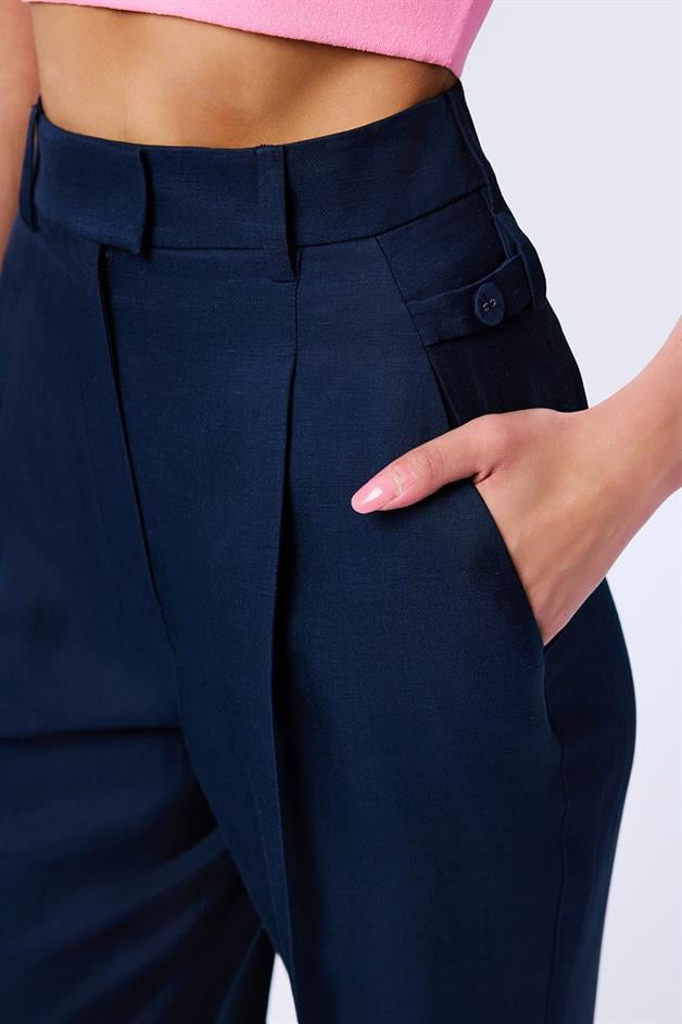Creased Detail Navy Pleated Trousers  