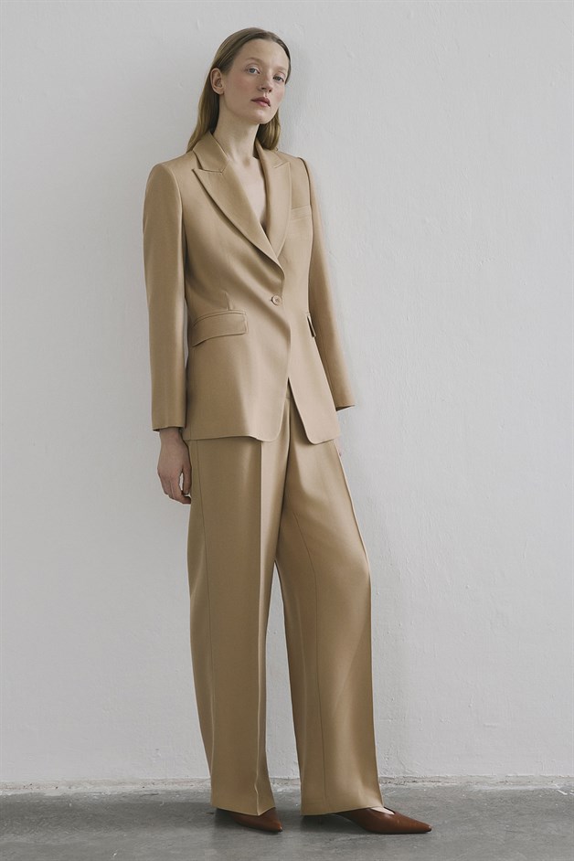 Ütü İzli Pileli Geniş Paça Camel Pantolon