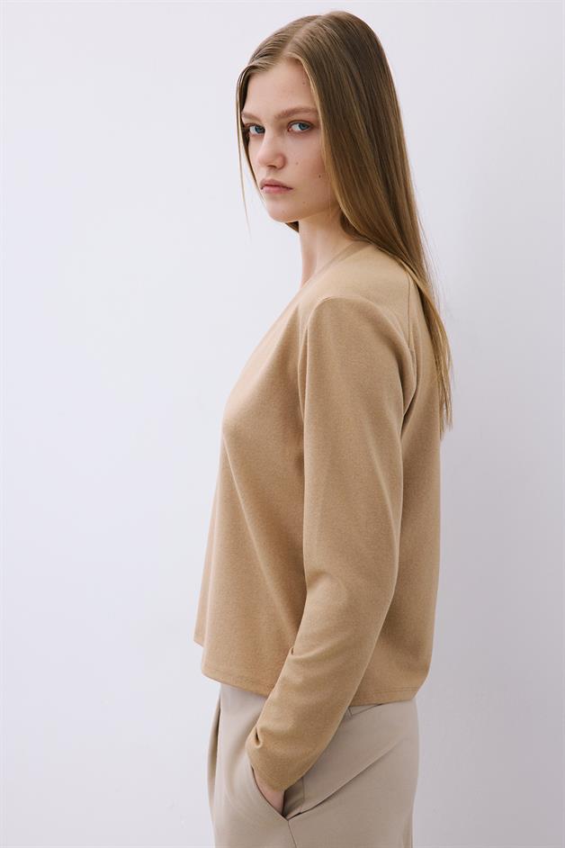 V Yaka Basic Camel Triko Bluz
