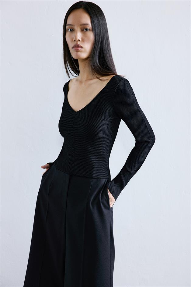 V-Neck Textured Black Knit Blouse