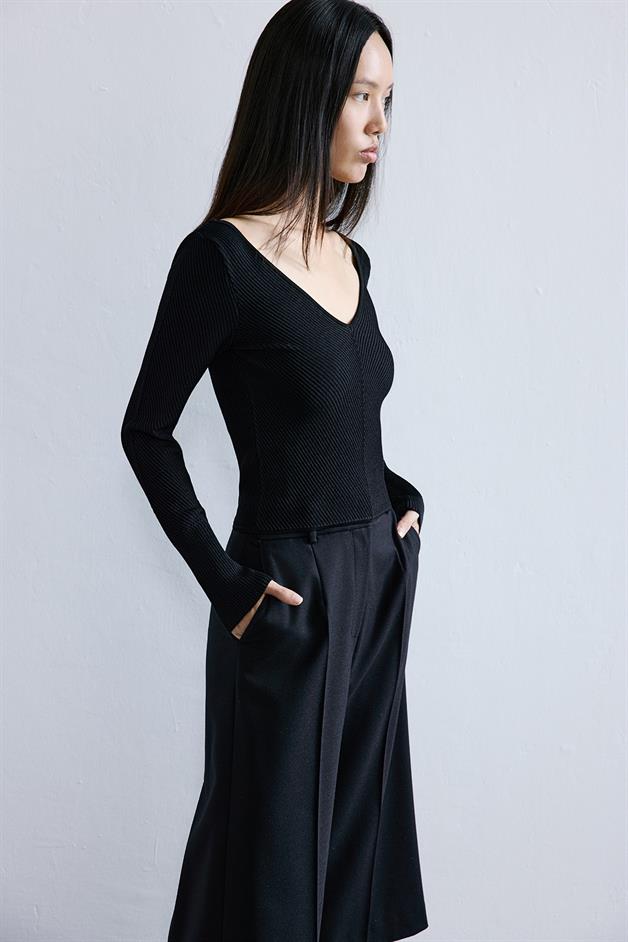 V-Neck Textured Black Knit Blouse
