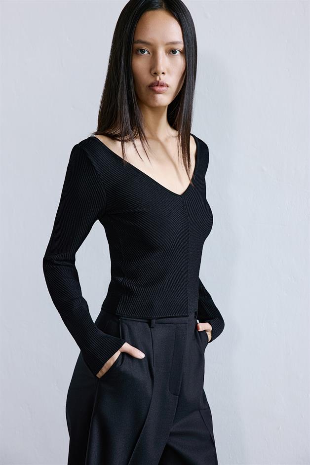 V-Neck Textured Black Knit Blouse