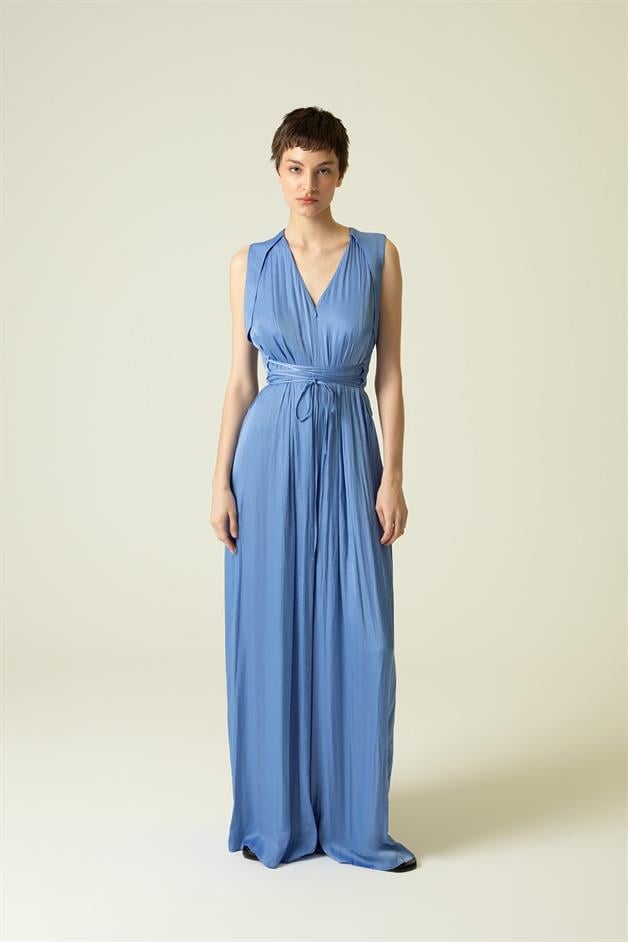 V Yaka Kolsuz Dökümlü Mavi Tulum