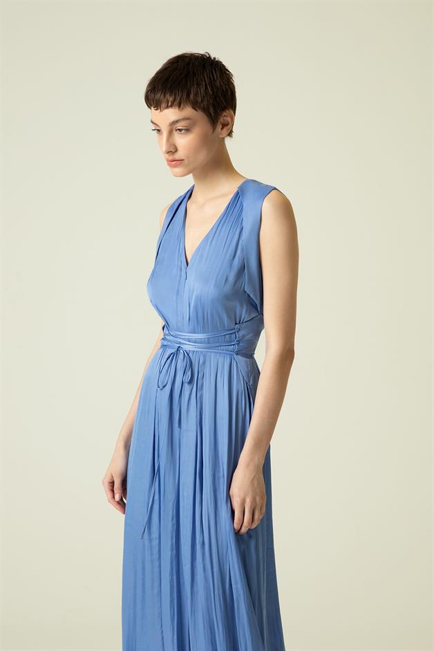 V Yaka Kolsuz Dökümlü Mavi Tulum