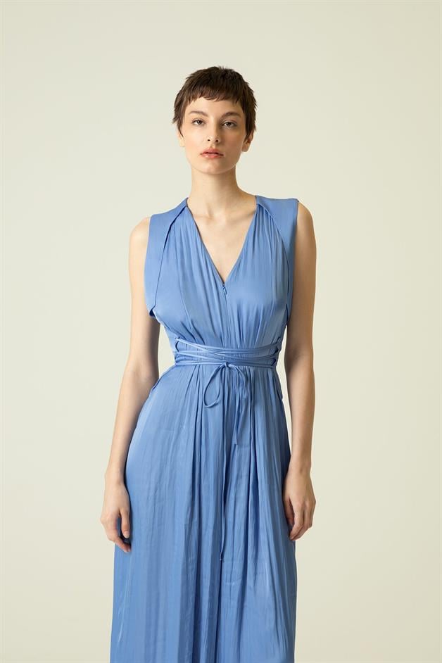 V Yaka Kolsuz Dökümlü Mavi Tulum