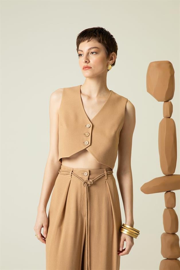 V-Neck Sleeveless Brown Crop Vest