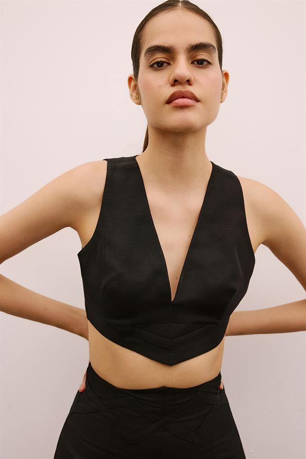 V-Neck Sleeveless Black Crop Blouse