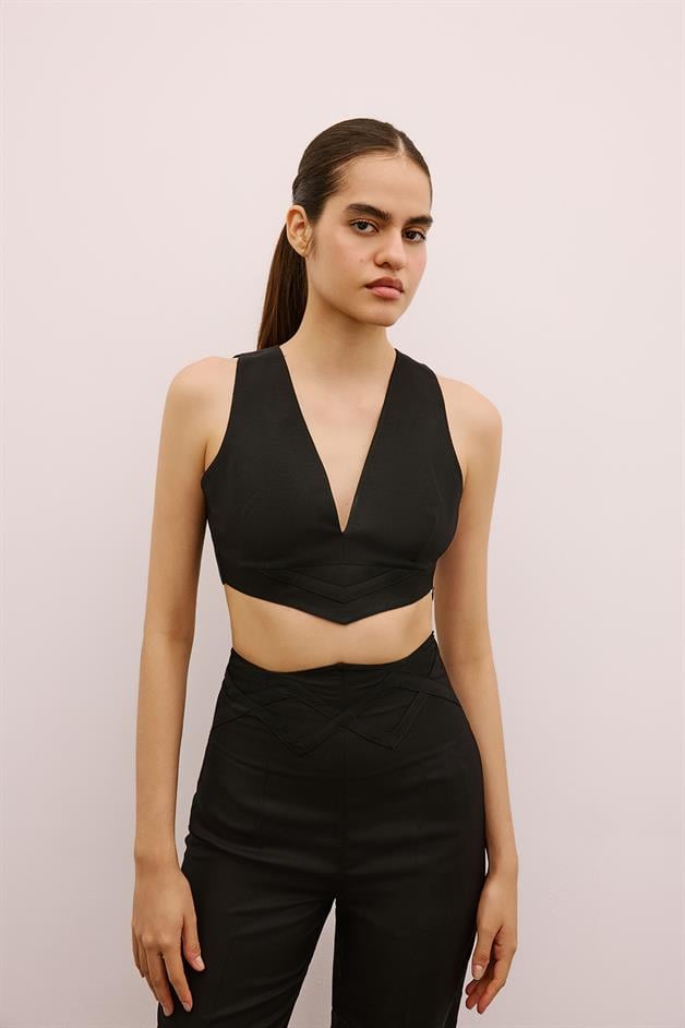 V-Neck Sleeveless Black Crop Blouse