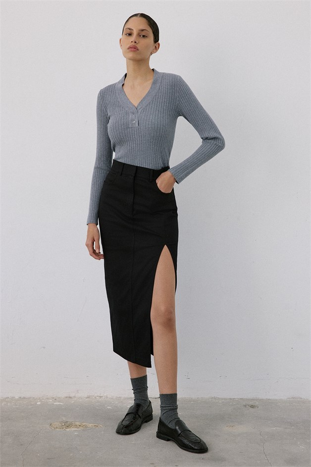 V Neck Ribbed Knit Grey Sweater