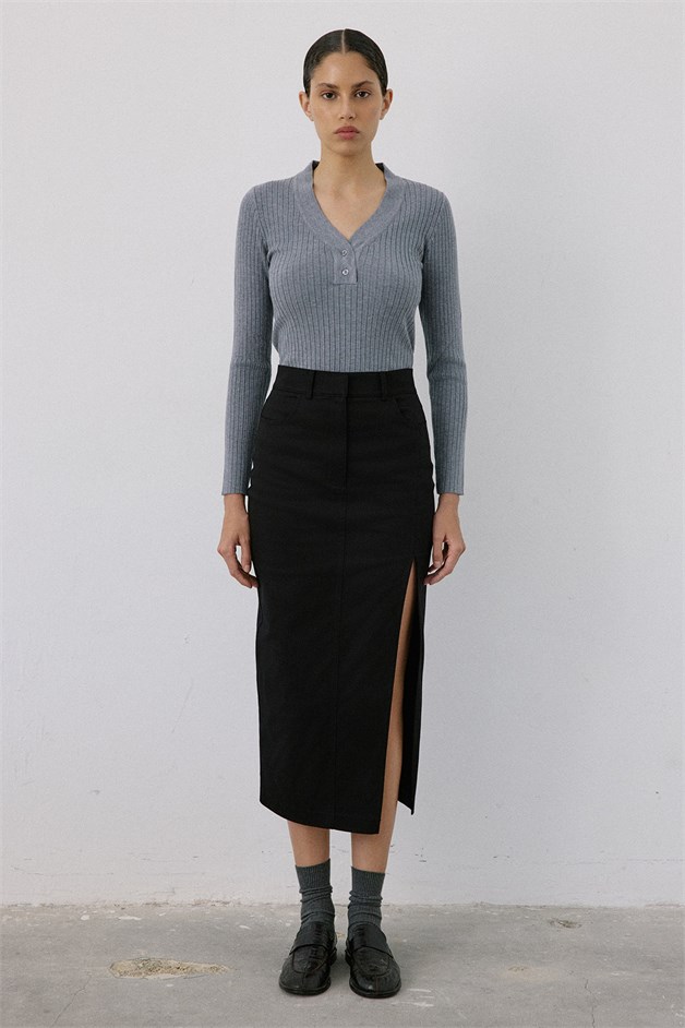 V Neck Ribbed Knit Grey Sweater