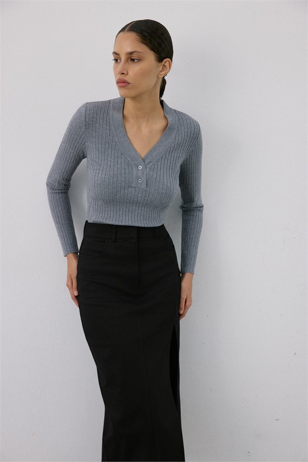 V Neck Ribbed Knit Grey Sweater