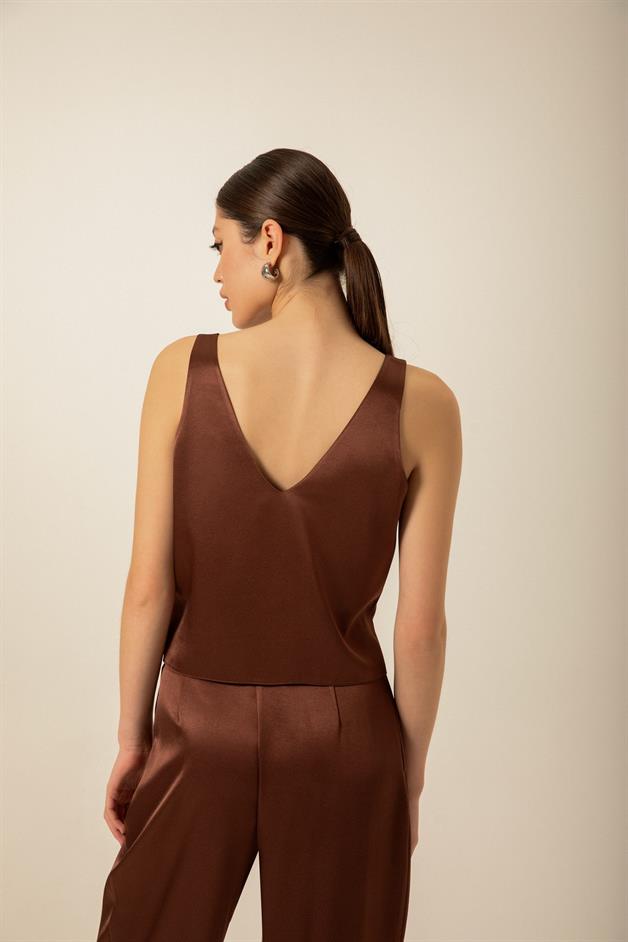 V-Neck Satin Brown Blouse