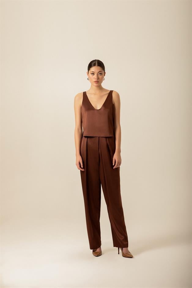 V-Neck Satin Brown Blouse