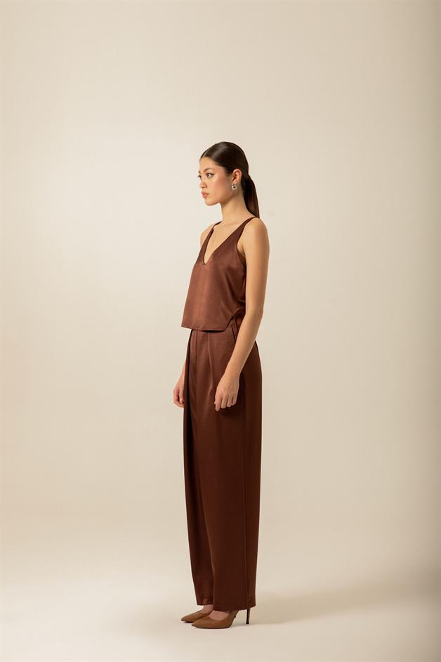 V-Neck Satin Brown Blouse