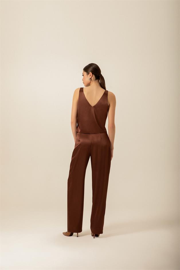 V-Neck Satin Brown Blouse