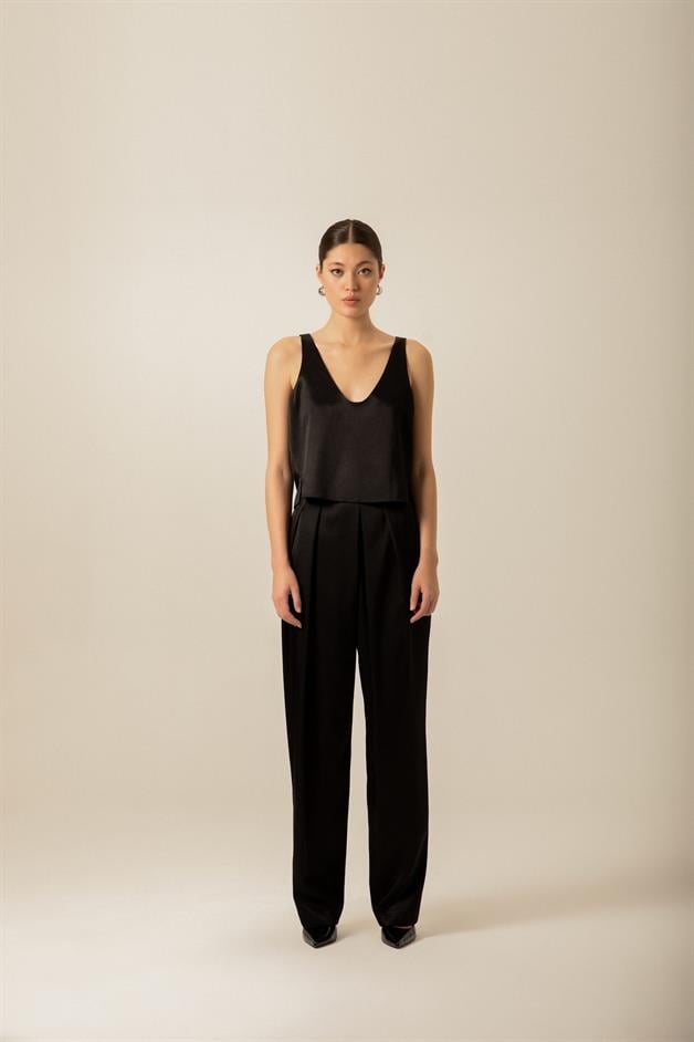 V-Neck Satin Black Blouse