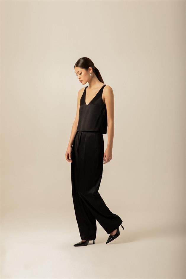 V-Neck Satin Black Blouse