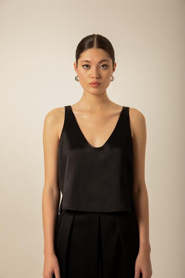 V-Neck Satin Black Blouse