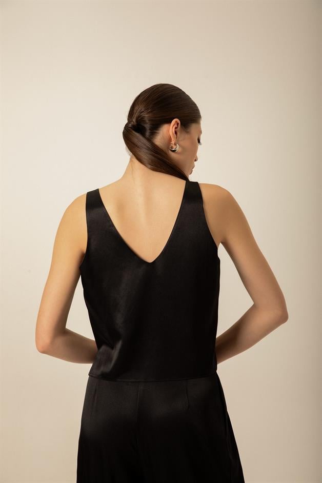V-Neck Satin Black Blouse