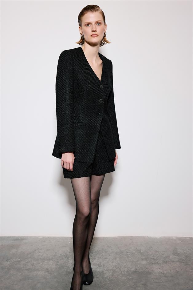 Black Tweed Blazer With V-Neck