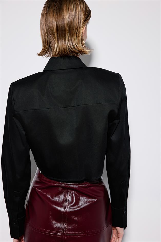 Black Poplin Long Sleeve Shirt With Shoulder Pads